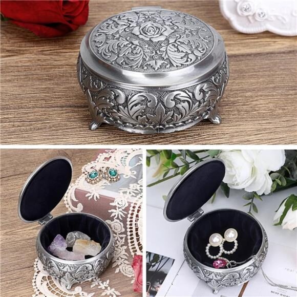 Metal Jewelry Box Vintage Ring Holder Trinket Organizer Small Round Storage Box - Picture 2 of 8